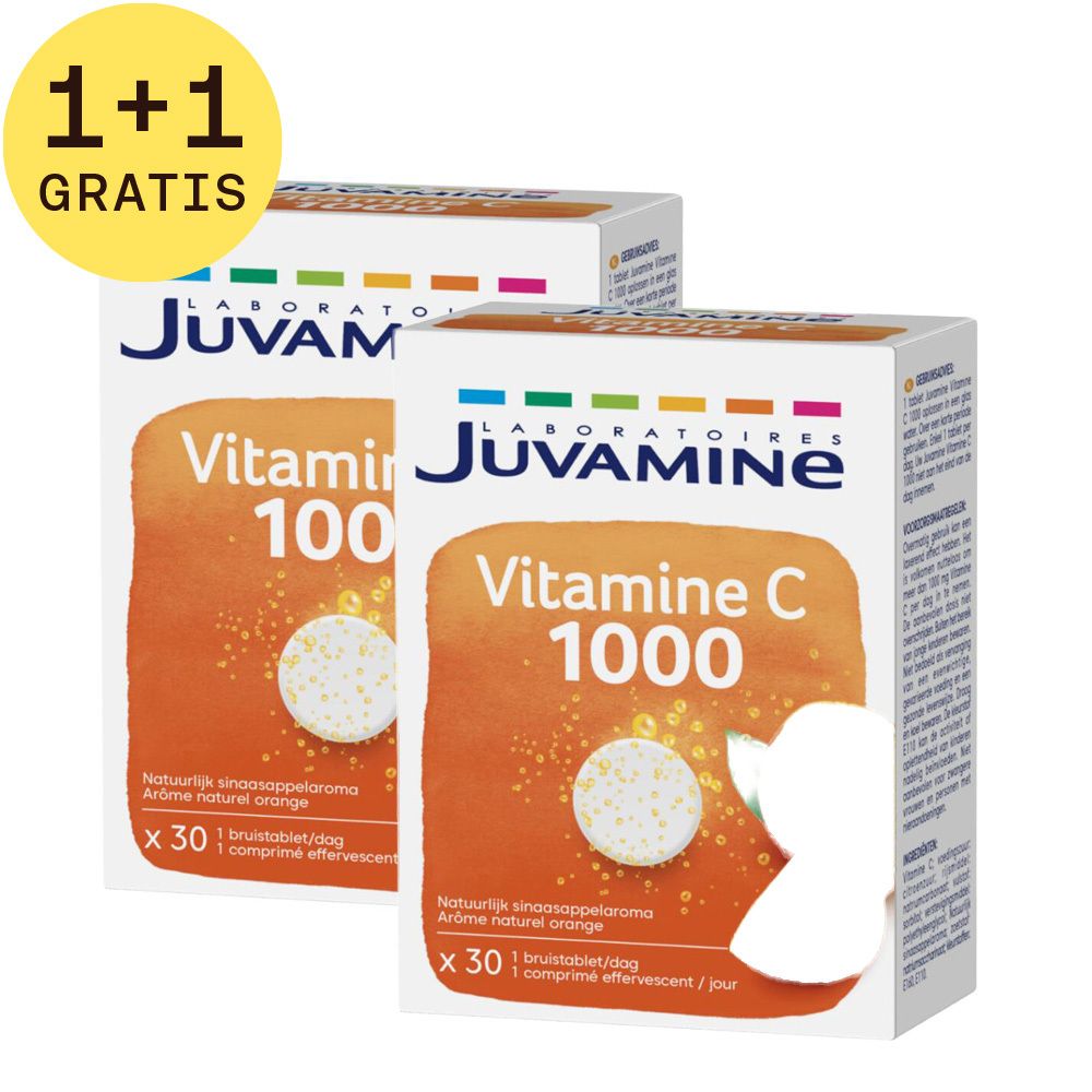 Twee dozen Juvamine Vitamine C 1000. Opschrift: Vitamine C 1000, 30 bruistabletten. Met sticker '1+1 gratis'.