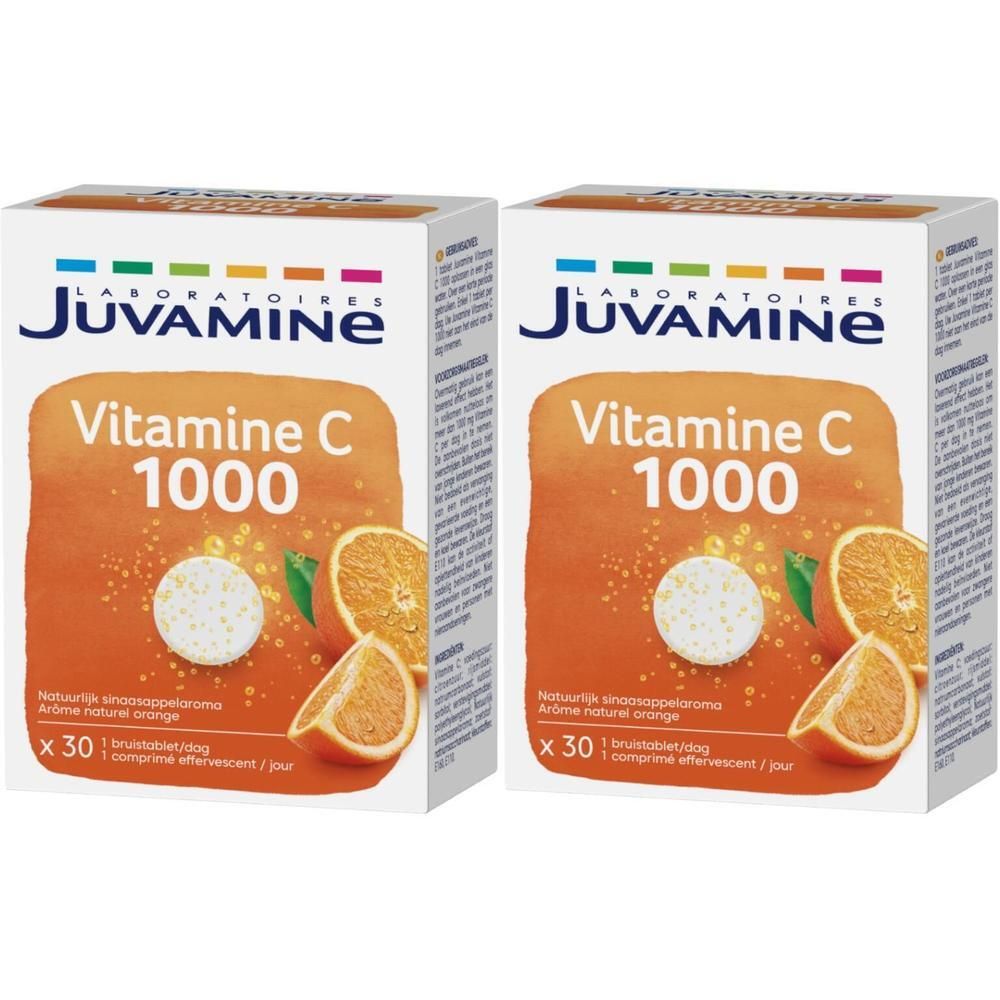 Deux boîtes de Juvamine Vitamine C 1000. Inscription: Vitamine C 1000, 30 comprimés effervescents. Illustration d'oranges.