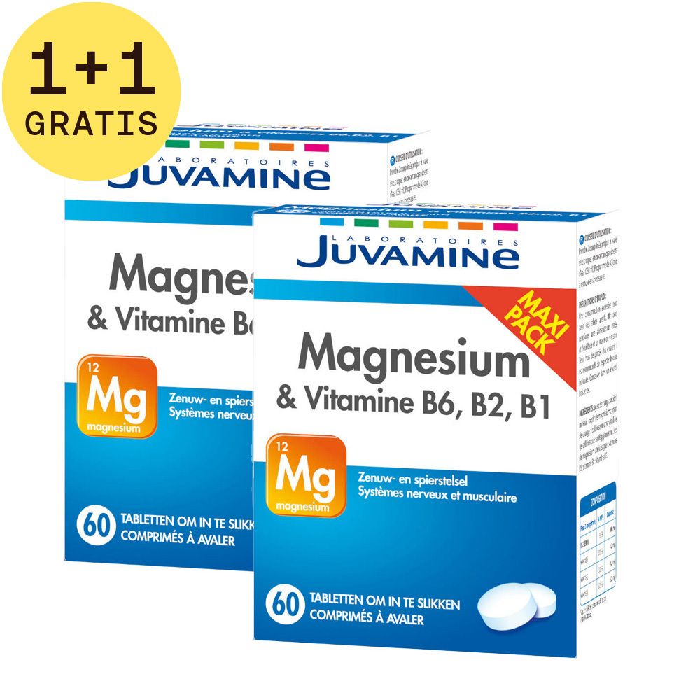 Twee dozen Juvamine Magnesium & Vitamine B6, B2, B1. 1+1 gratis aanbieding. Witte tabletten. Oranje Mg-symbool.