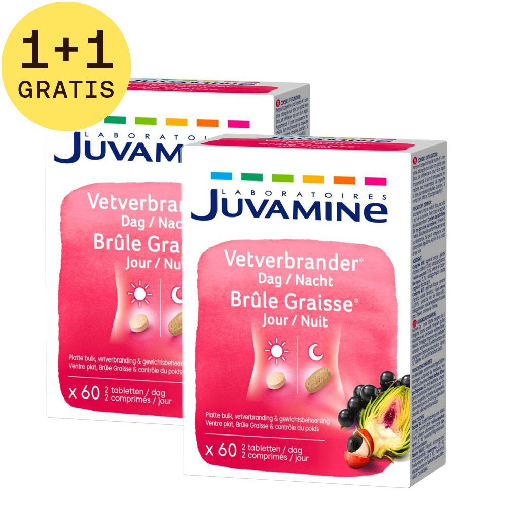 Twee dozen tabletten. Opschrift: Juvamine Vetverbrander Dag/Nacht. 1+1 Gratis promotie.