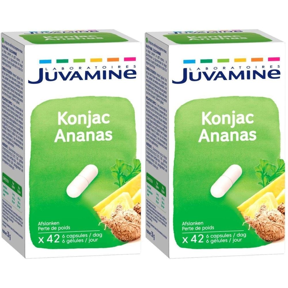 Twee dozen Juvamine Konjac Ananas. Op elke doos: Konjac Ananas, een capsule, ananas illustratie, tekst.