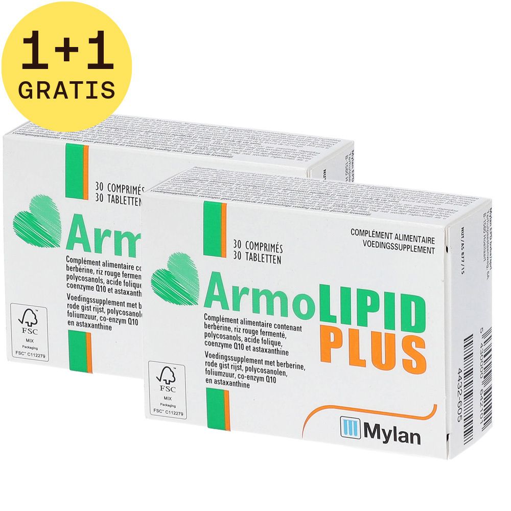 Twee dozen ArmoLIPID PLUS. Witte verpakking met groene en oranje accenten. Tekst: 30 tabletten, voedingssupplement.
