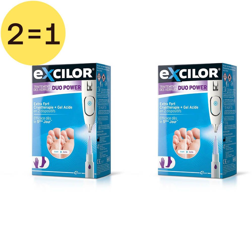 Twee verpakkingen Excilor Duo Power. Blauwe verpakking met productafbeelding en tekst. Gele cirkel met "2=1". 