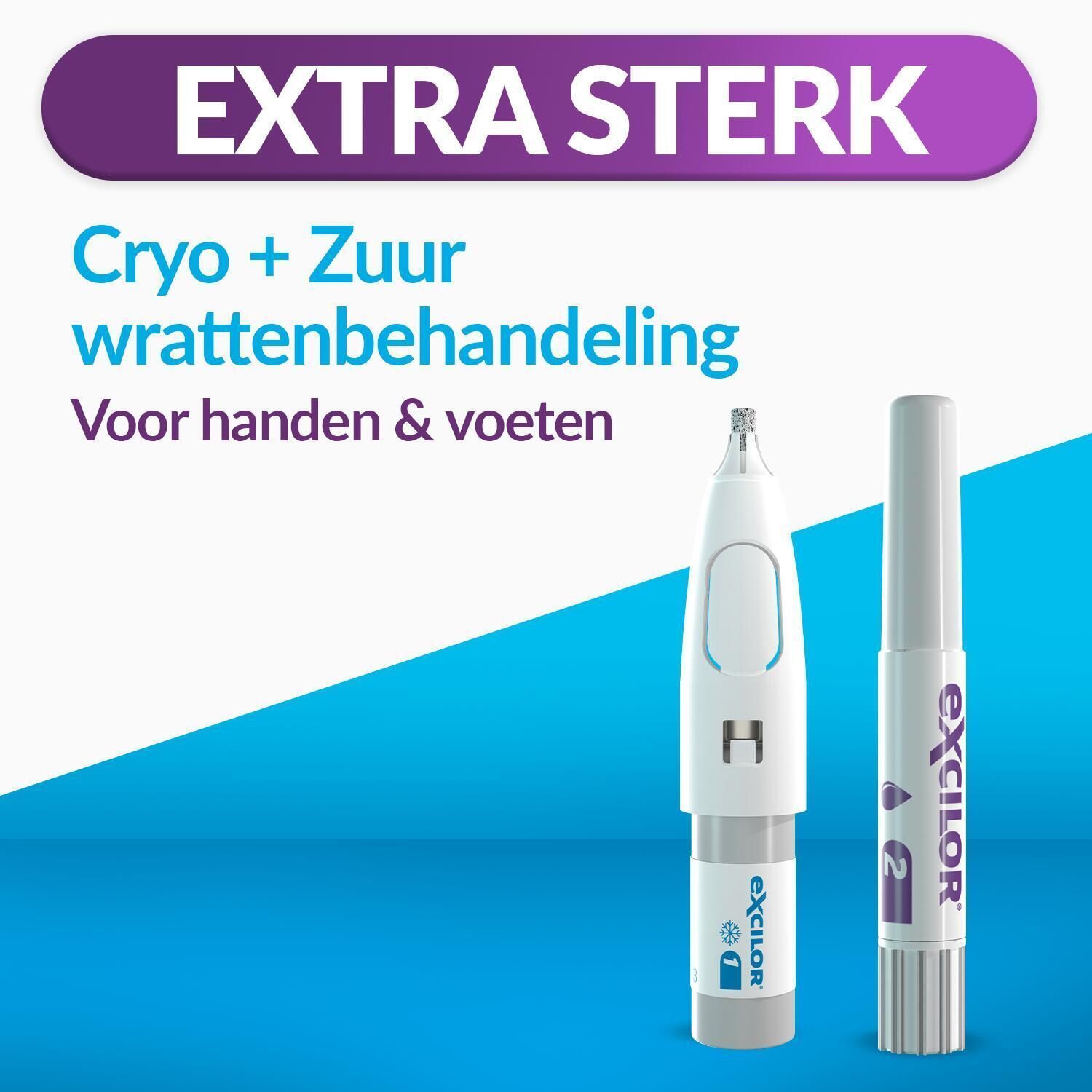 Twee applicators. Tekst: Extra sterk. Cryo + Zuur wrattenbehandeling. Voor handen & voeten. Productnaam zichtbaar.