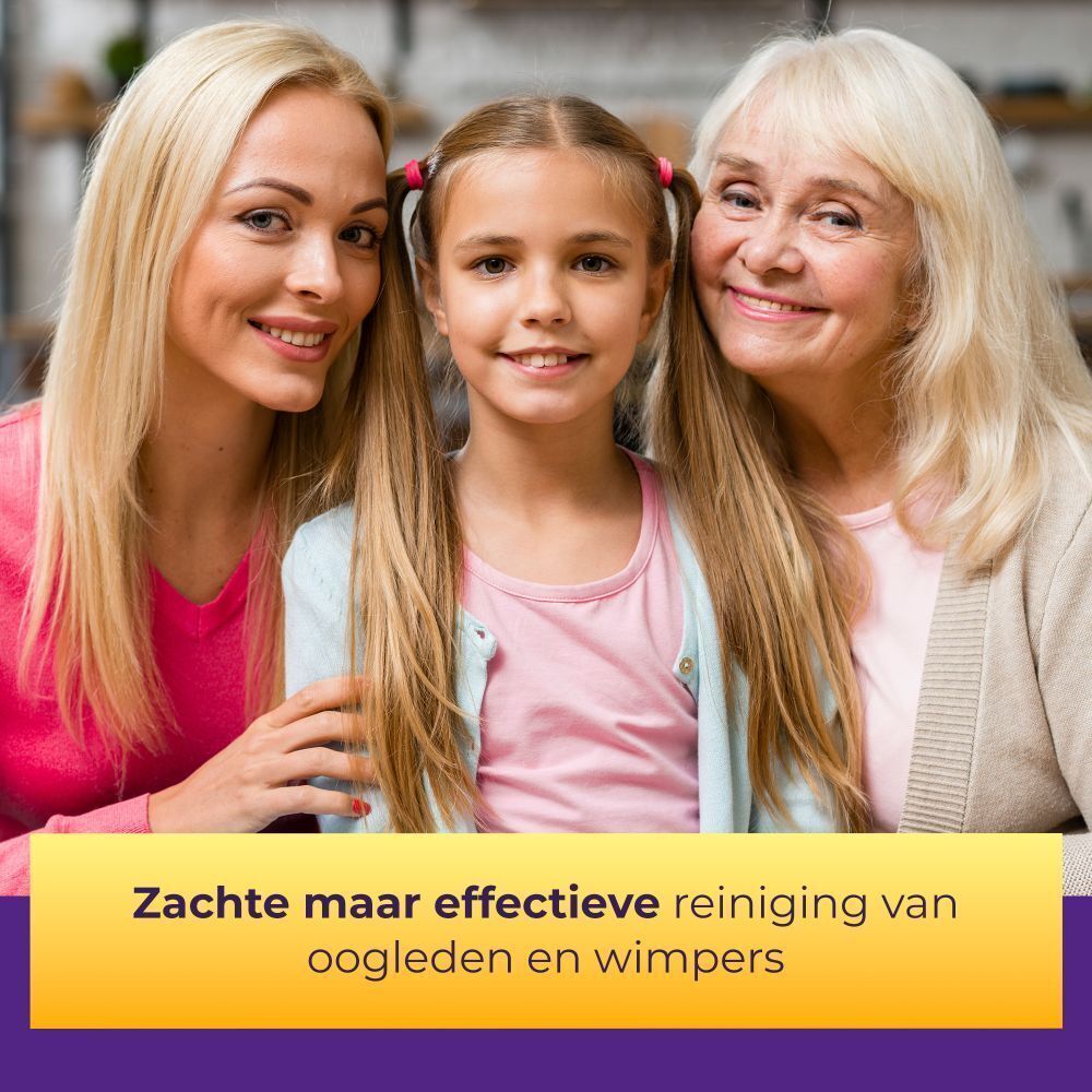 Drie vrouwen lachen. Tekst: Zachte maar effectieve reiniging van oogleden en wimpers.