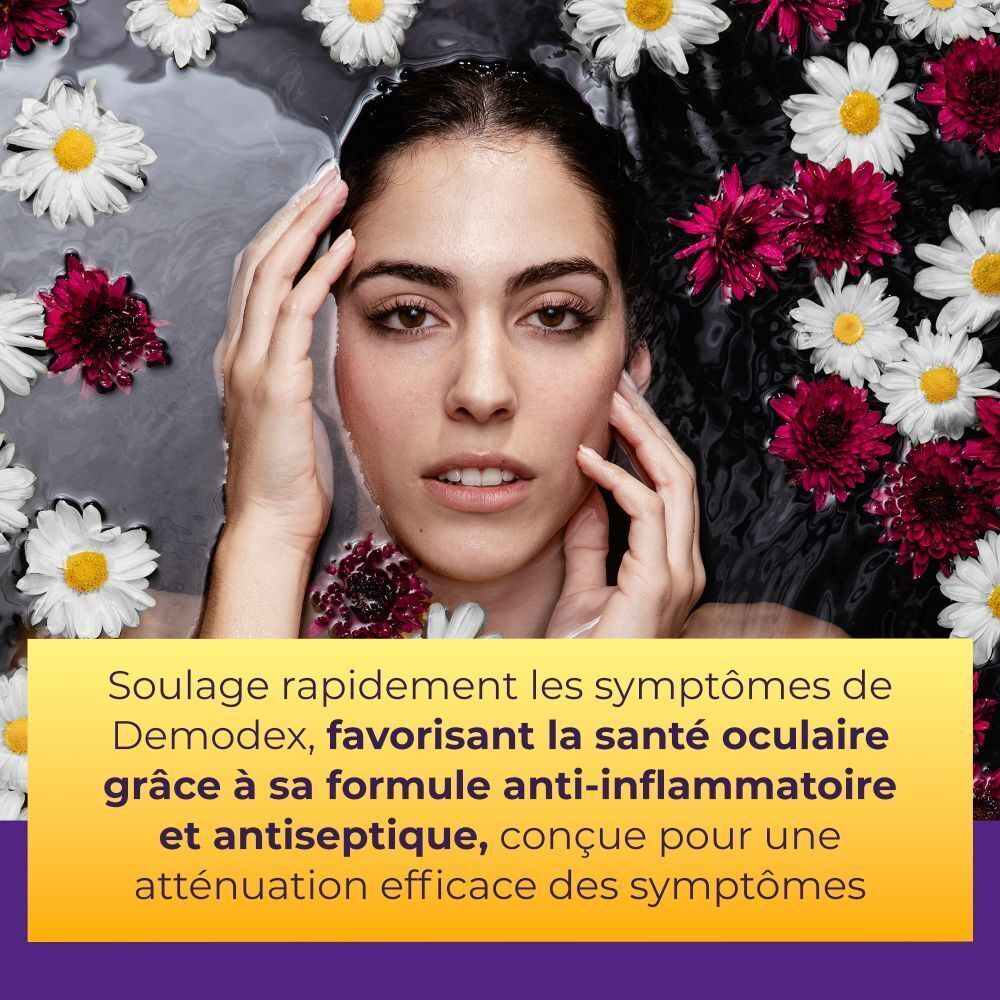 Femme dans l'eau avec des fleurs. Texte : Soulage les symptômes de Demodex, favorise la santé oculaire.