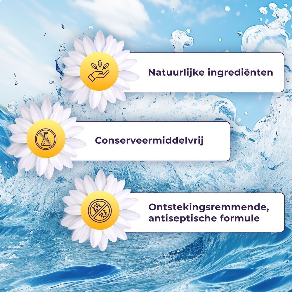 Drie madeliefjes met tekst. Natuurlijke ingrediënten. Zonder bewaarmiddelen. Ontstekingsremmend.