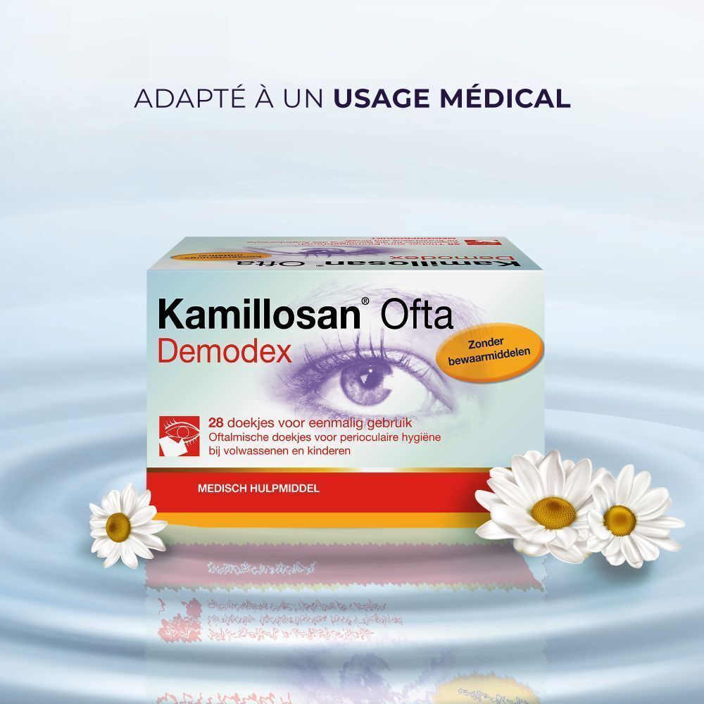 Boîte de Kamillosan Ofta Demodex. 28 lingettes. Sans conservateur. Adapté à un usage médical.