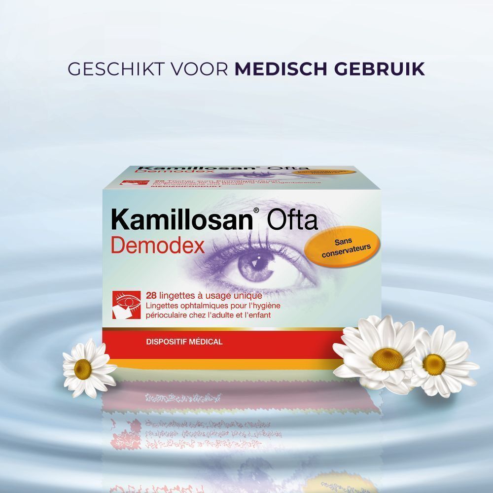 Verpakking Kamillosan Ofta Demodex. 28 doekjes. Zonder bewaarmiddelen. Geschikt voor medisch gebruik.