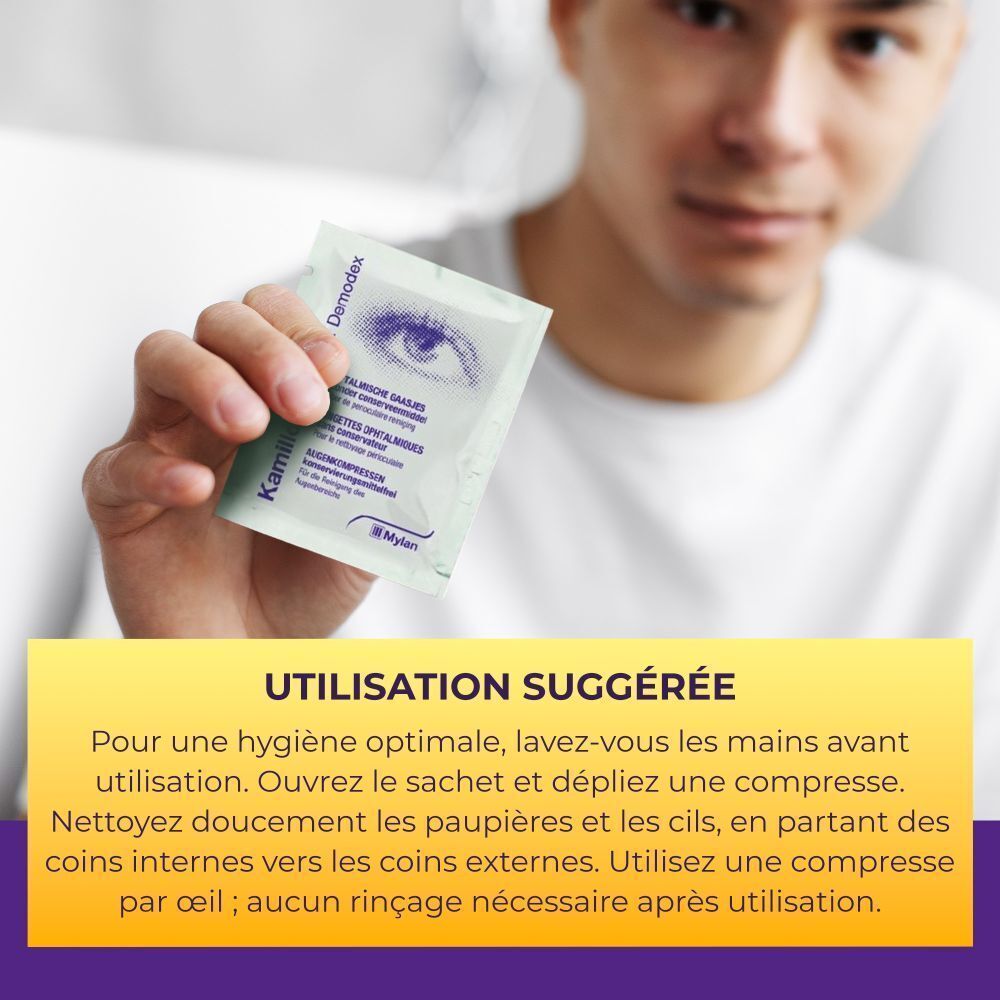 Homme tenant un sachet individuel. Texte : Utilisation suggérée. Se laver les mains. Nettoyer les paupières.