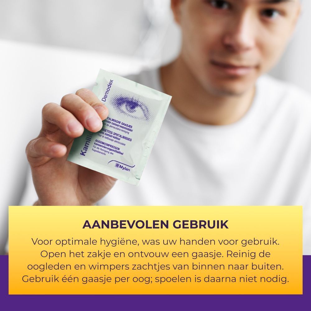 Man houdt een individuele verpakking vast. Tekst: Aanbevolen gebruik. Handen wassen. Reinig oogleden.
