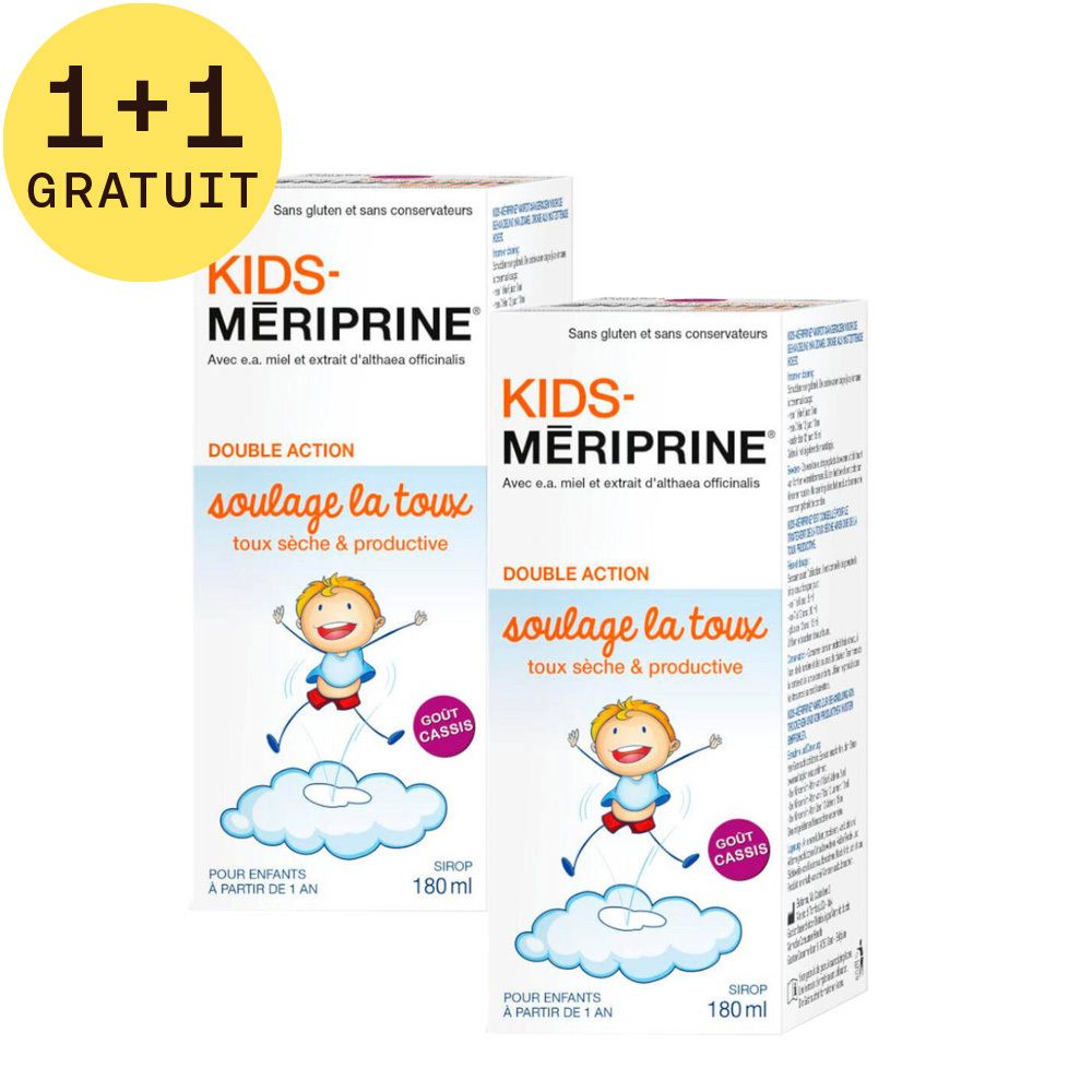 Deux boîtes de KIDS-Mériprine® Sirop. Mention '1+1 GRATUIT'. Nom du produit, illustration enfant sur nuage, texte 'soulage la toux'.