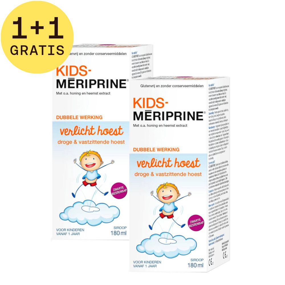 Twee dozen KIDS-Mériprine® Sirop. Opschrift '1+1 GRATIS'. Productnaam, illustratie kind op wolk, tekst 'verlicht hoest'.