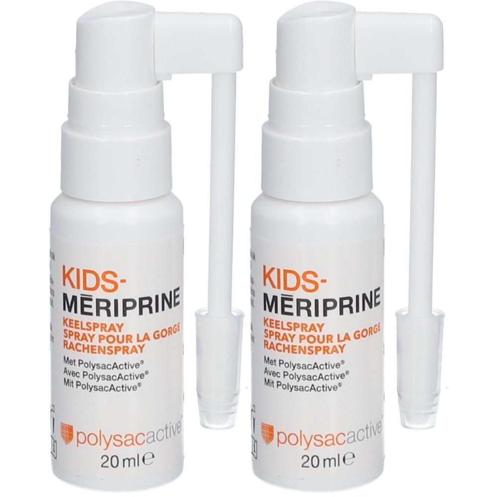 Twee witte sprayflessen KIDS-MERIPRINE. Met sproeikop en PolysacActive. 20 ml.