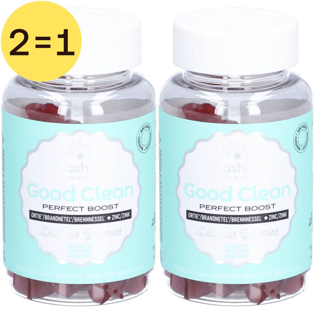Twee flessen gummies. Opschrift: Good Clean, Perfect Boost, Ortis/Brandnetel, Zink/Zink. Geel etiket: 2=1.
