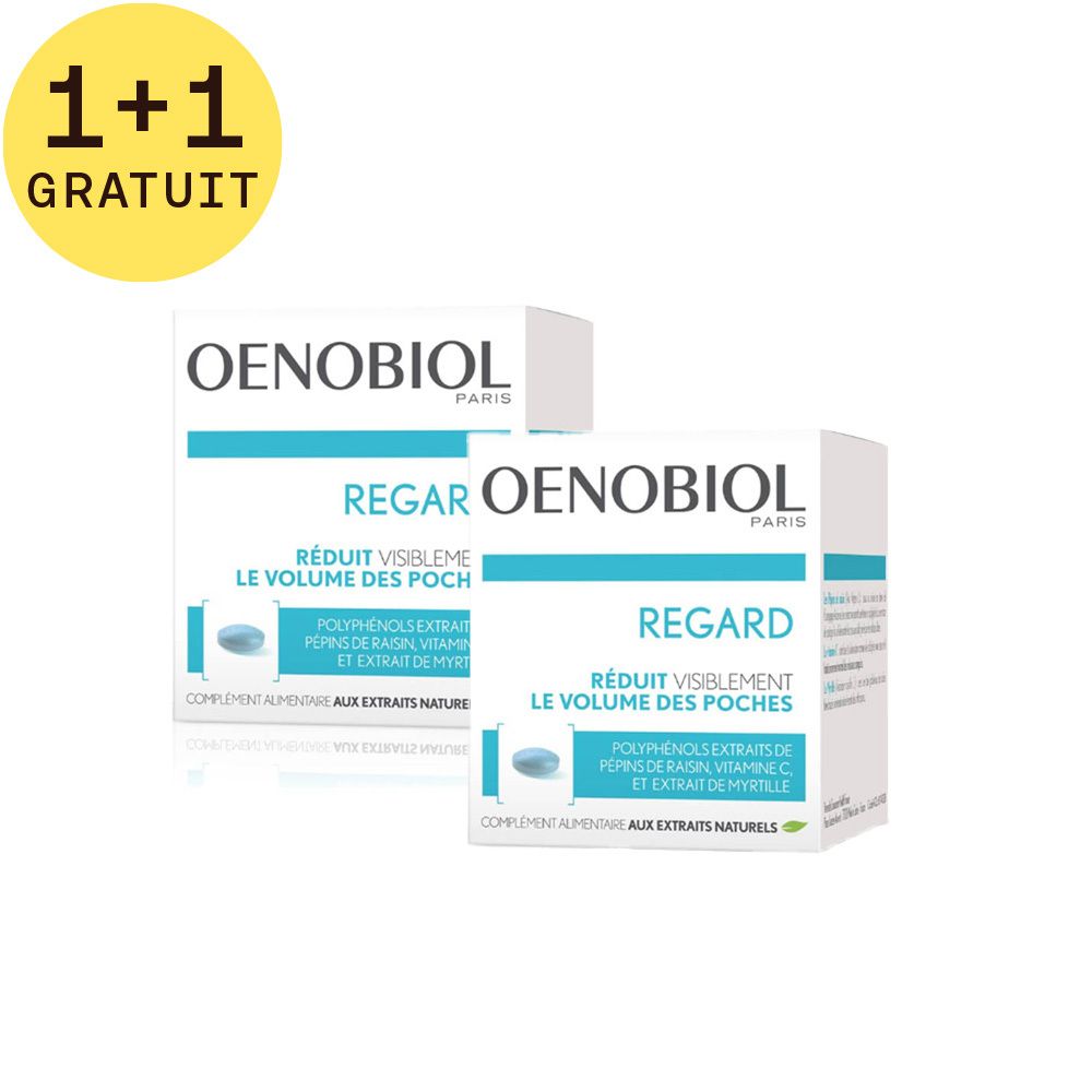 Deux boîtes blanches Oenobiol Regard. Texte: Réduit visiblement le volume des poches. 1+1 Gratuit. Comprimés bleus.