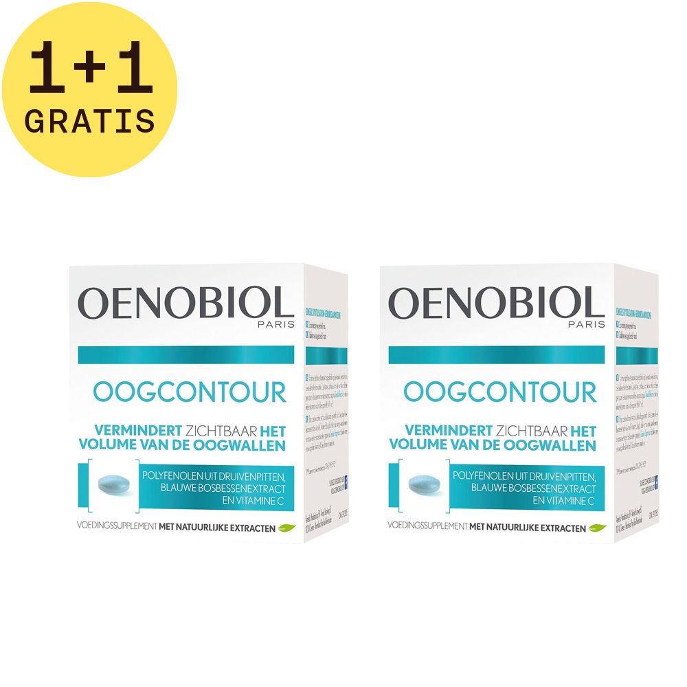 Twee witte dozen Oenobiol Oogcontour. Tekst: Vermindert zichtbaar het volume van de oogwallen. 1+1 Gratis. Blauwe tabletten.