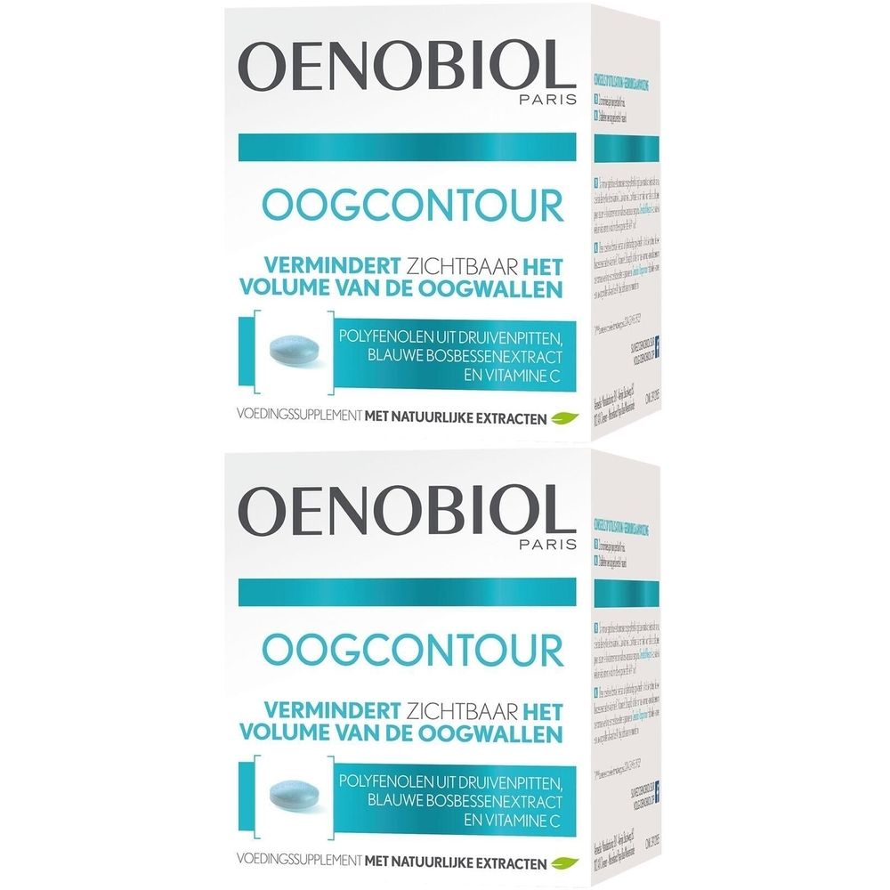 Twee witte dozen met blauwgroene accenten. Oenobiol Oogcontour, tekst en afbeelding van een tablet.