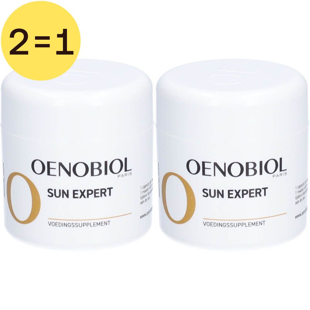 Twee witte potten Oenobiol Sun Expert. Geel 2=1 logo.