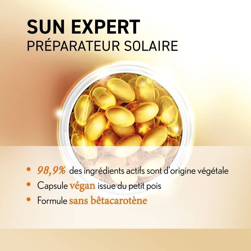 Pot de gélules. Texte : Sun Expert Préparateur Solaire. 98,9% des ingrédients actifs sont d'origine végétale.