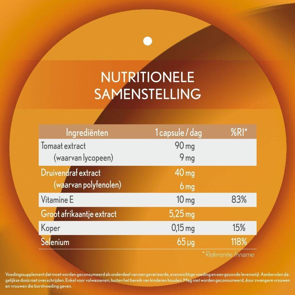 Vrouw in gele jurk, naast een verpakking Oenobiol Sun Expert. Tekst: 1 capsule per dag, 30 capsules.