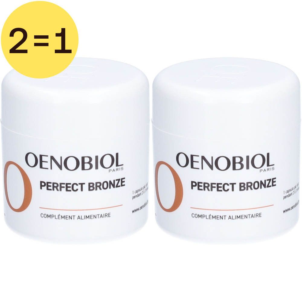 Deux pots blancs Oenobiol Perfect Bronze avec autocollant jaune « 2=1 ».