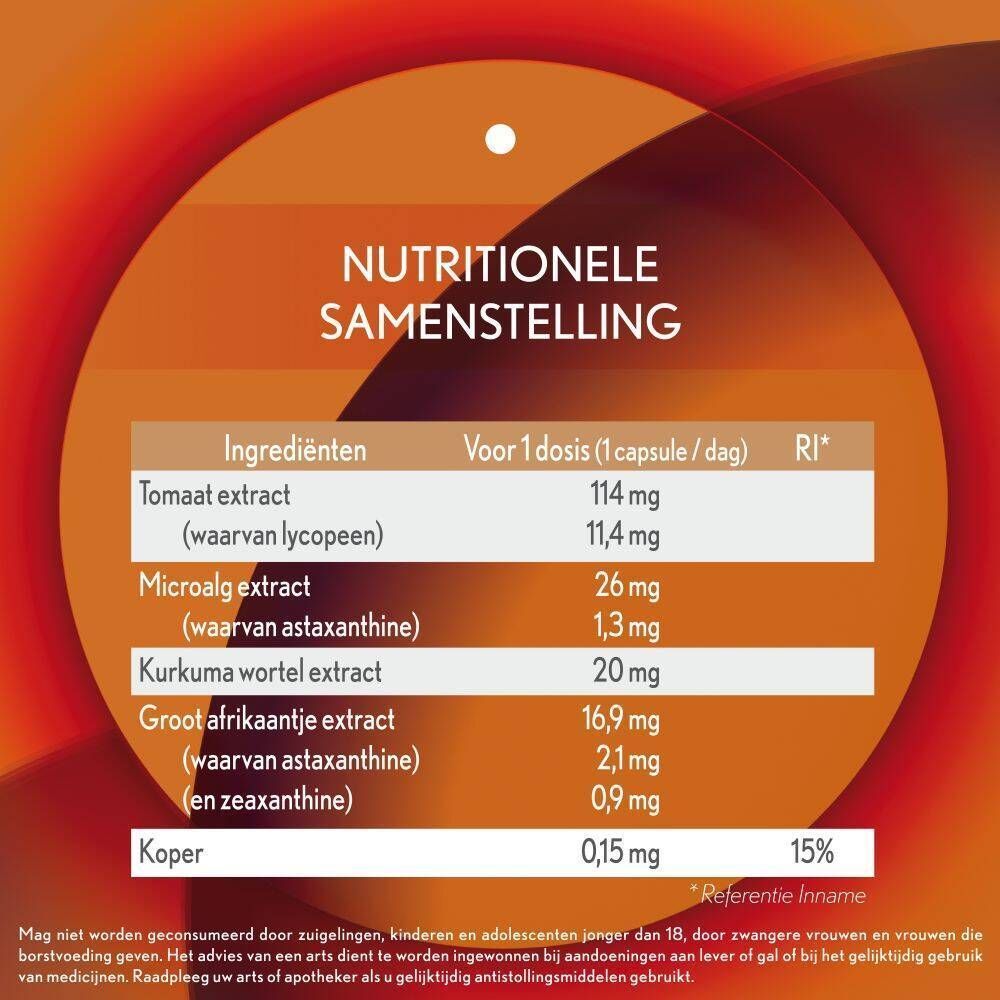 Voedingstabel. Ingrediënten: Tomaatextract, microalgenextract, kurkuma wortelextract, etc.