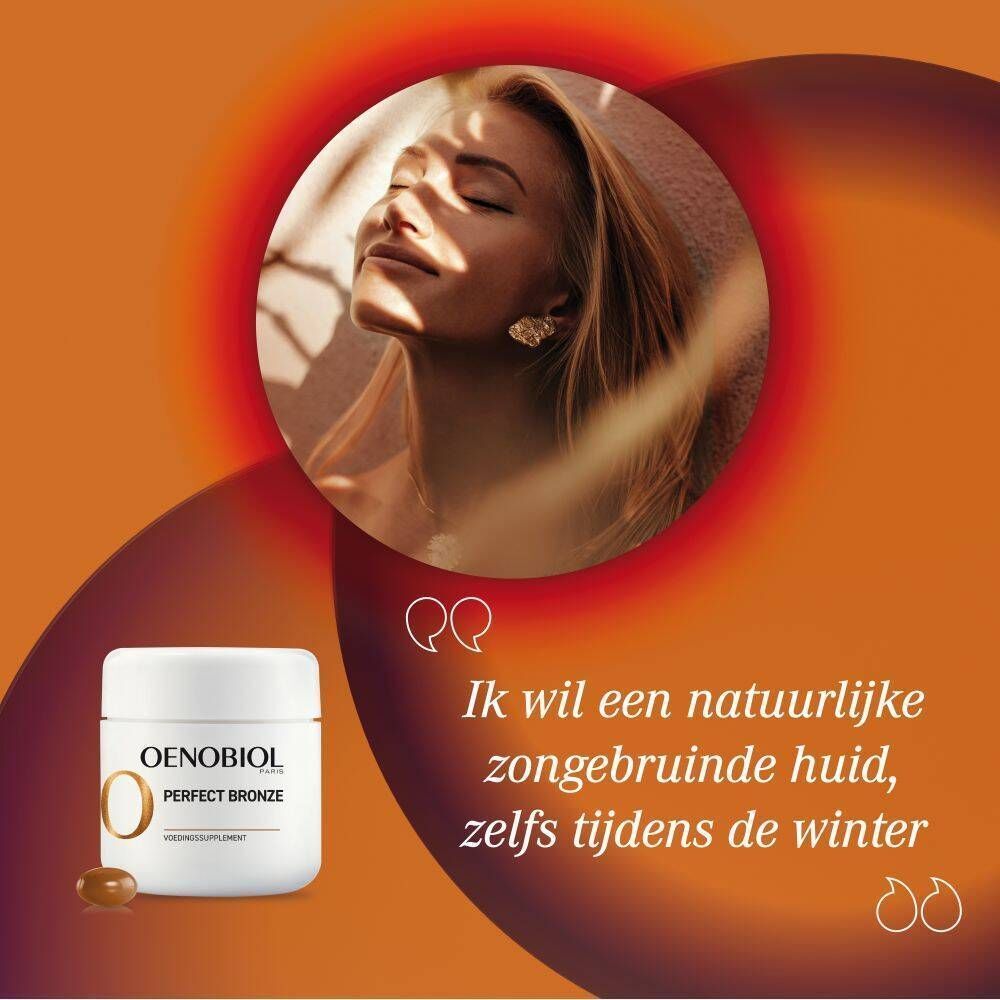 Vrouw met gesloten ogen. Witte pot Oenobiol Perfect Bronze en capsule.