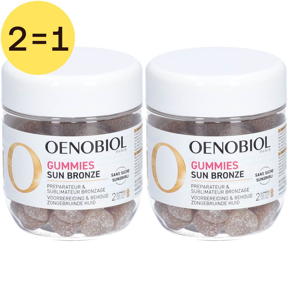 Deux pots de Oenobiol Gummies Sun Bronze. Récipients transparents avec couvercles blancs, étiquettes et gommes visibles.