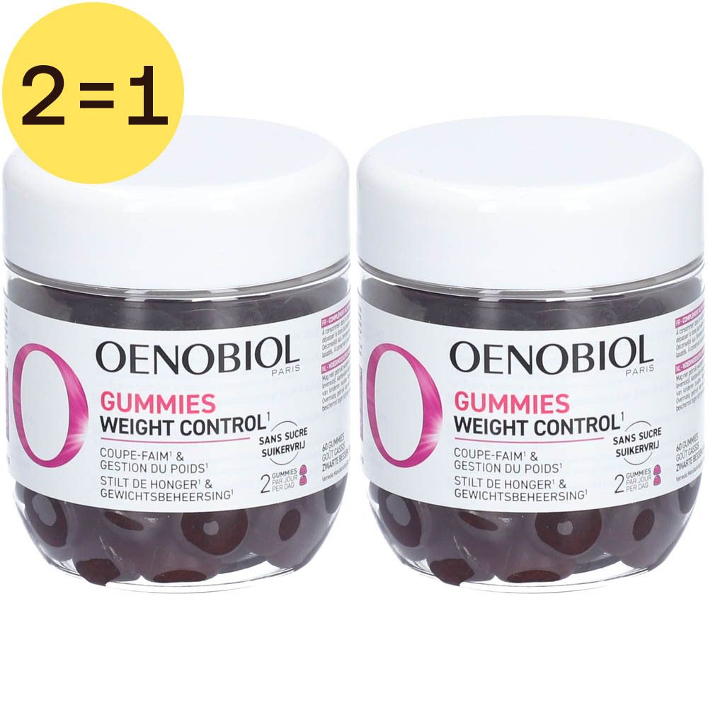 Twee potten Oenobiol Gummies Weight Control. Witte doppen, transparante potten met rode gummies. Geel label met "2=1".