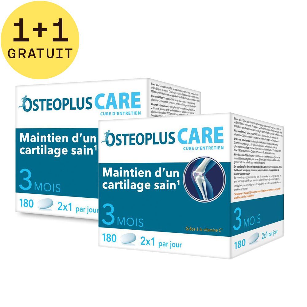 Deux boîtes Osteoplus Care avec 1+1 GRATUIT. Emballage bleu et blanc. Texte: Maintien d'un cartilage sain.