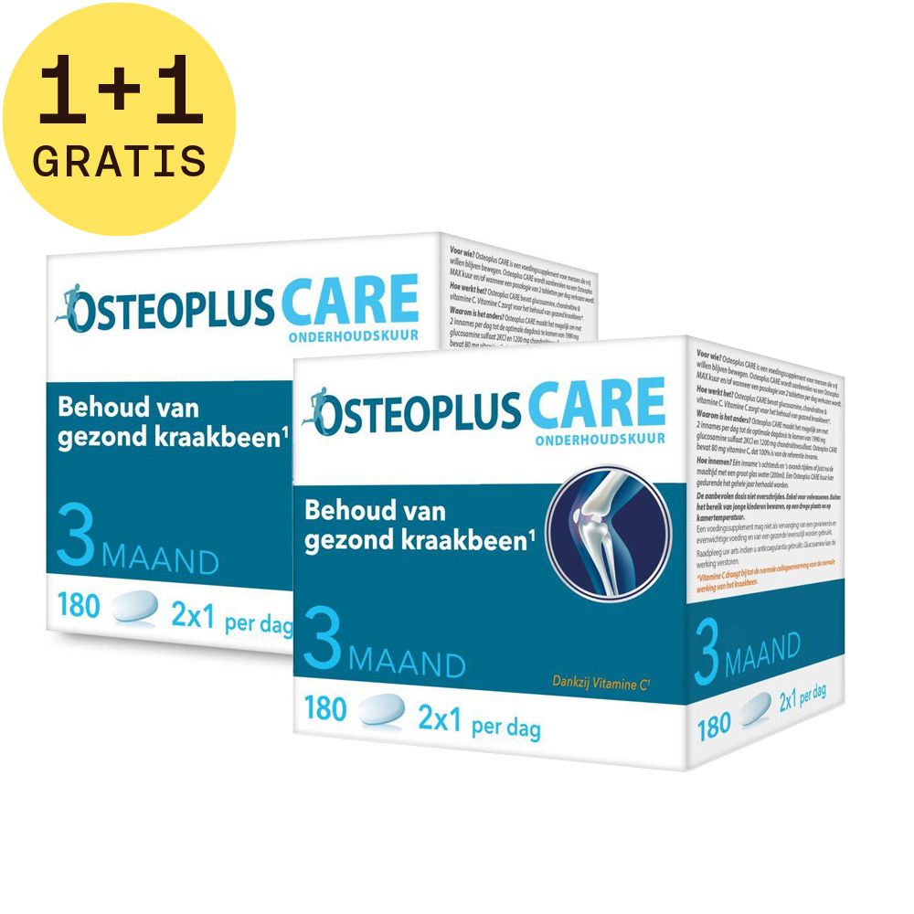 Twee dozen Osteoplus Care met 1+1 GRATIS. Blauw en witte verpakking. Tekst: Behoud van gezond kraakbeen.