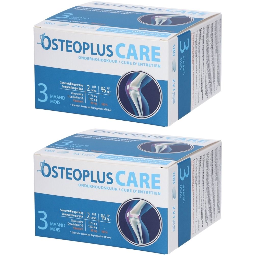 Twee dozen Osteoplus Care. Blauw en witte verpakking. Tekst: Osteoplus Care, 3 maanden, 180 tabletten.
