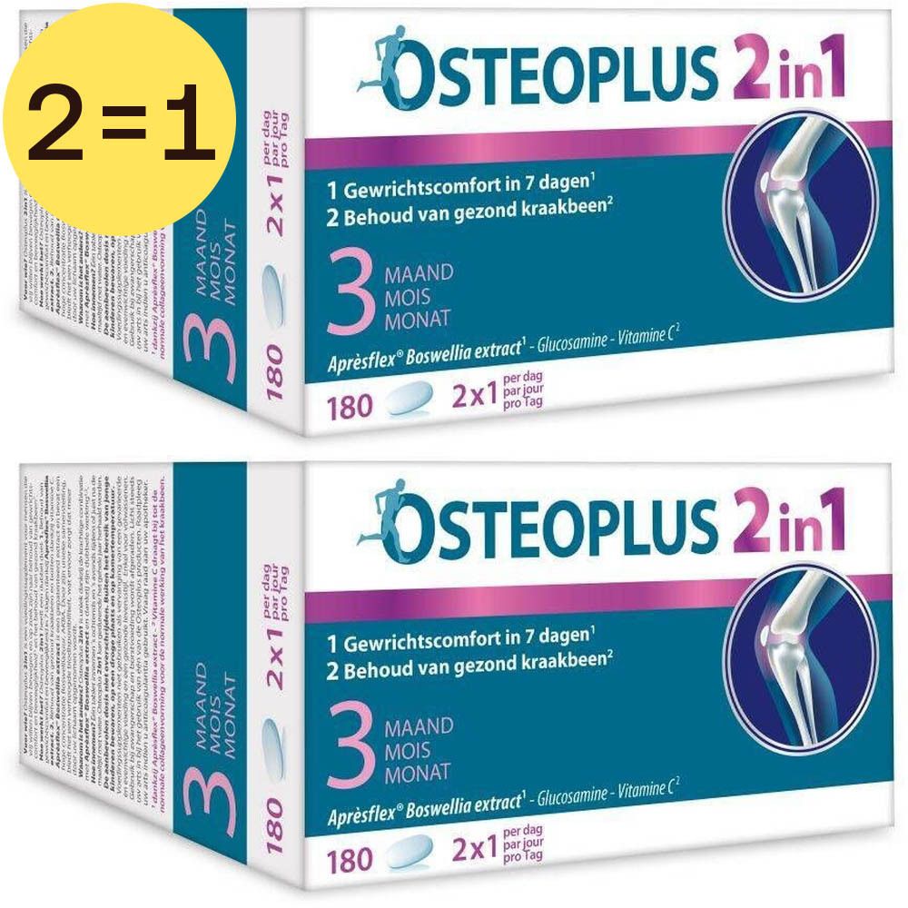 Deux boîtes d'Osteoplus 2 en 1. Inscription: 2=1, 3 mois, 180 comprimés, confort articulaire, maintien du cartilage.