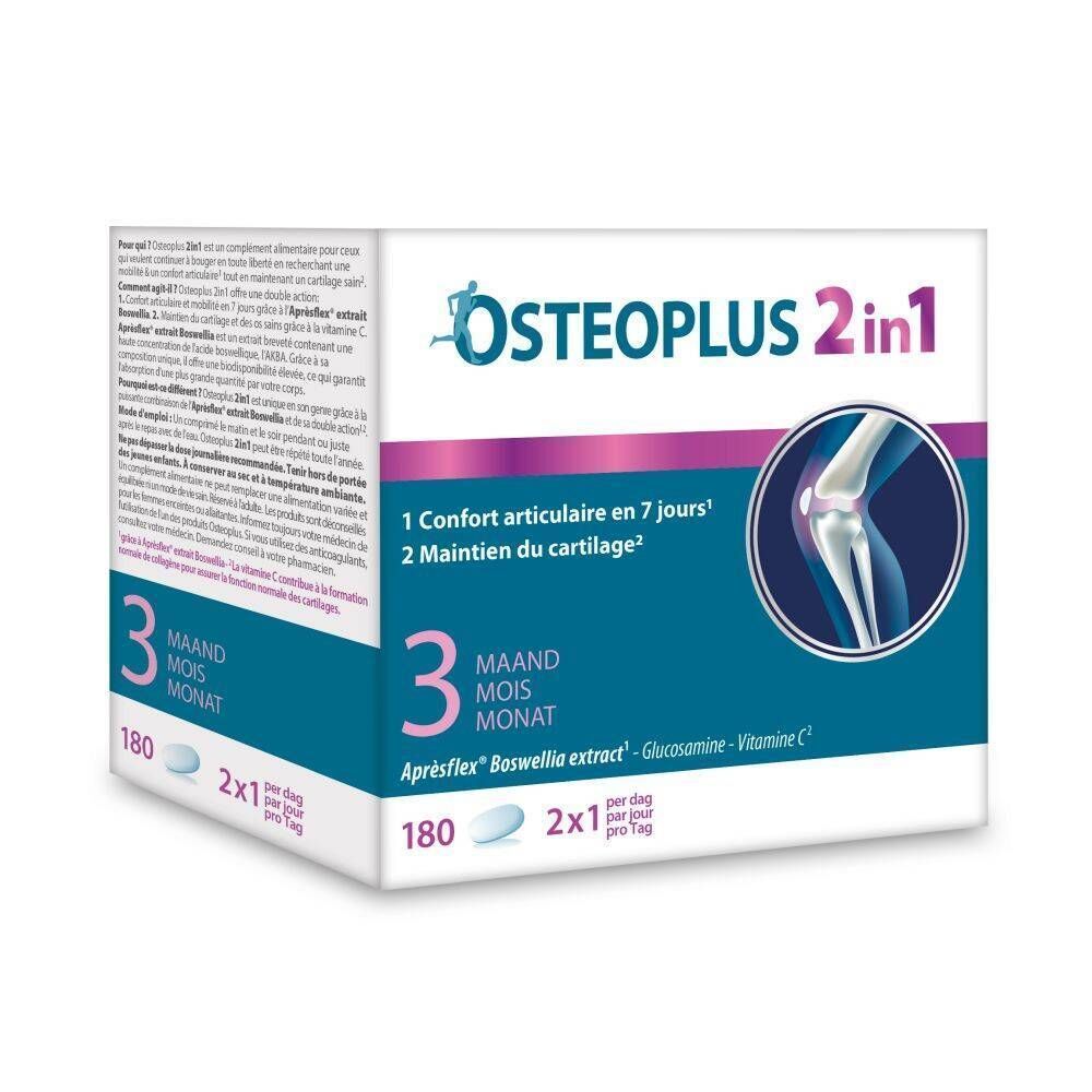 Emballage Osteoplus 2-en-1. Inscription: 3 mois, 180 comprimés, 2x1 par jour. Contient glucosamine et vitamine C. Un genou est illustré.