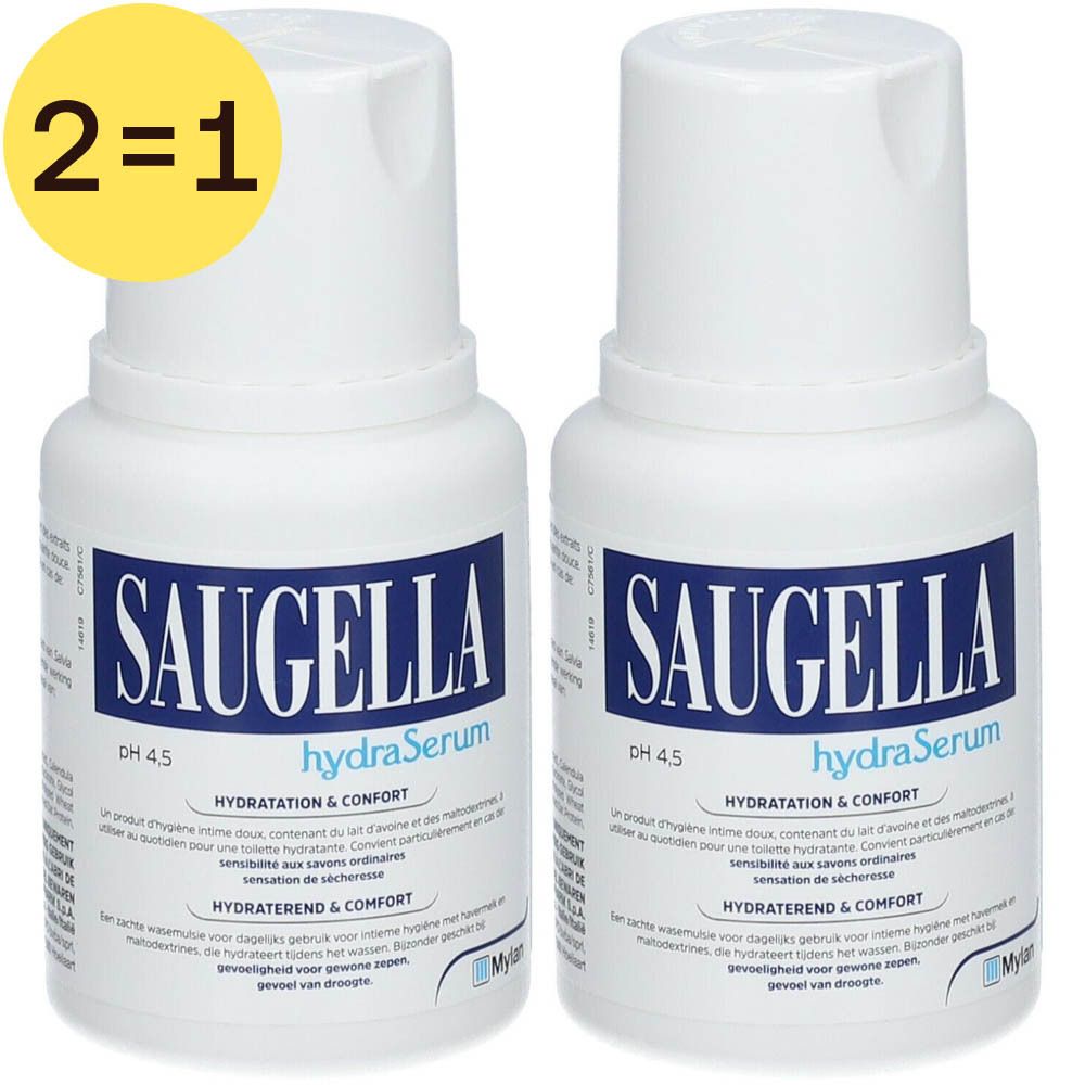 Deux flacons blancs Saugella hydraSerum, texte bleu. Étiquette jaune 2=1 en haut à gauche.