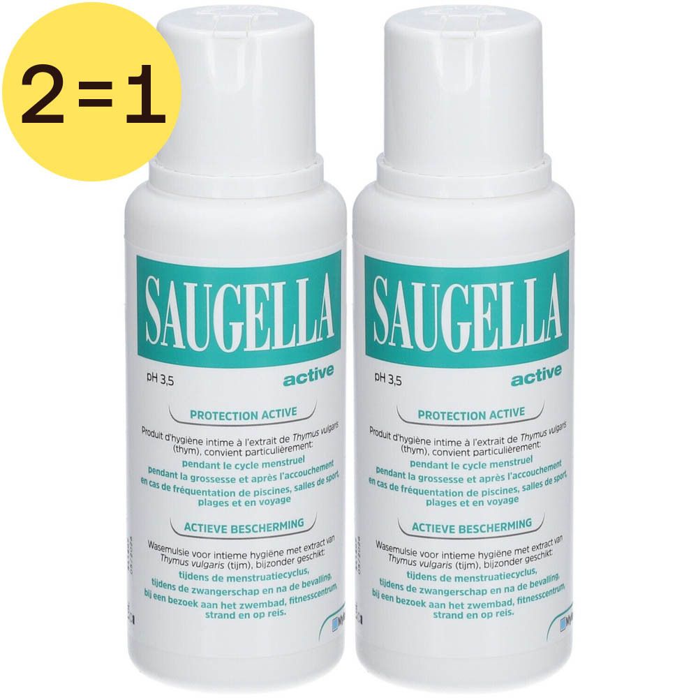 Twee flessen Saugella active, pH 3.5, witte doppen, groene tekst. Opschrift: Protection Active. Geel 2=1 label.