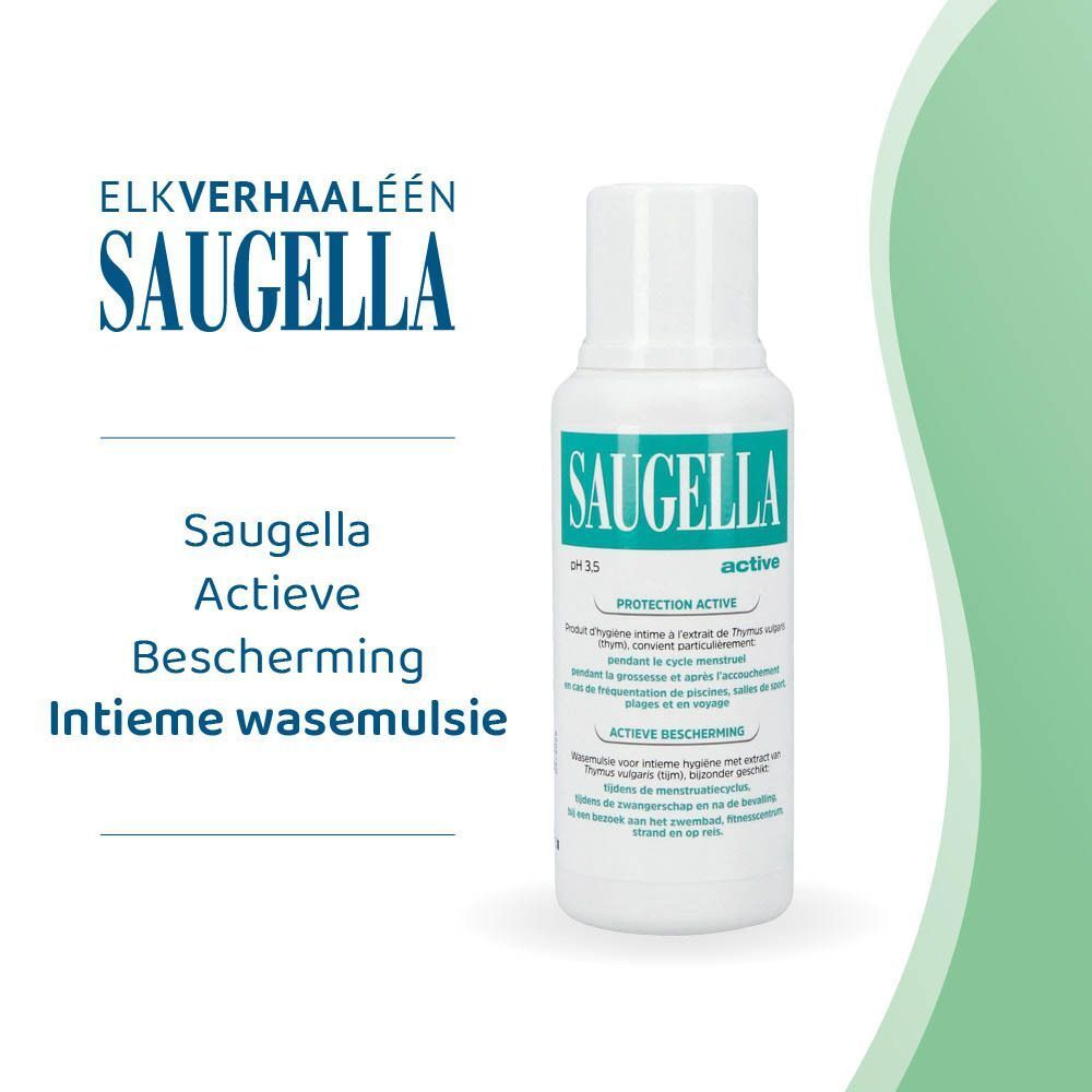 Een fles Saugella active. Tekst: Saugella Actieve Bescherming Intieme wasemulsie.