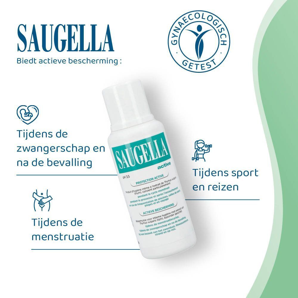 Fles Saugella active. Tekst: Biedt actieve bescherming: Tijdens de zwangerschap en na de bevalling, Tijdens de menstruatie, Tijdens sport en reizen.