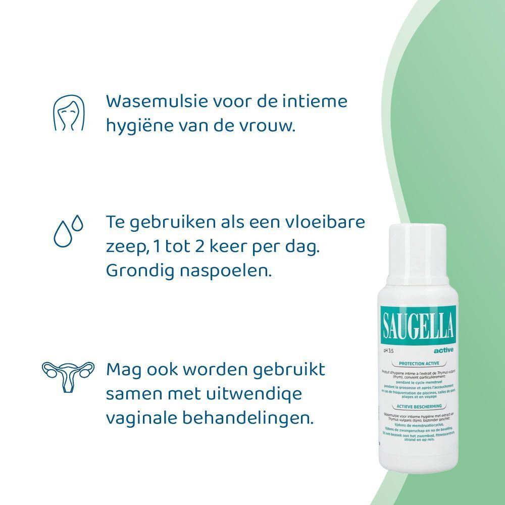 Fles Saugella active. Tekst: Wasemulsie voor de intieme hygiëne van de vrouw. Te gebruiken als een vloeibare zeep.