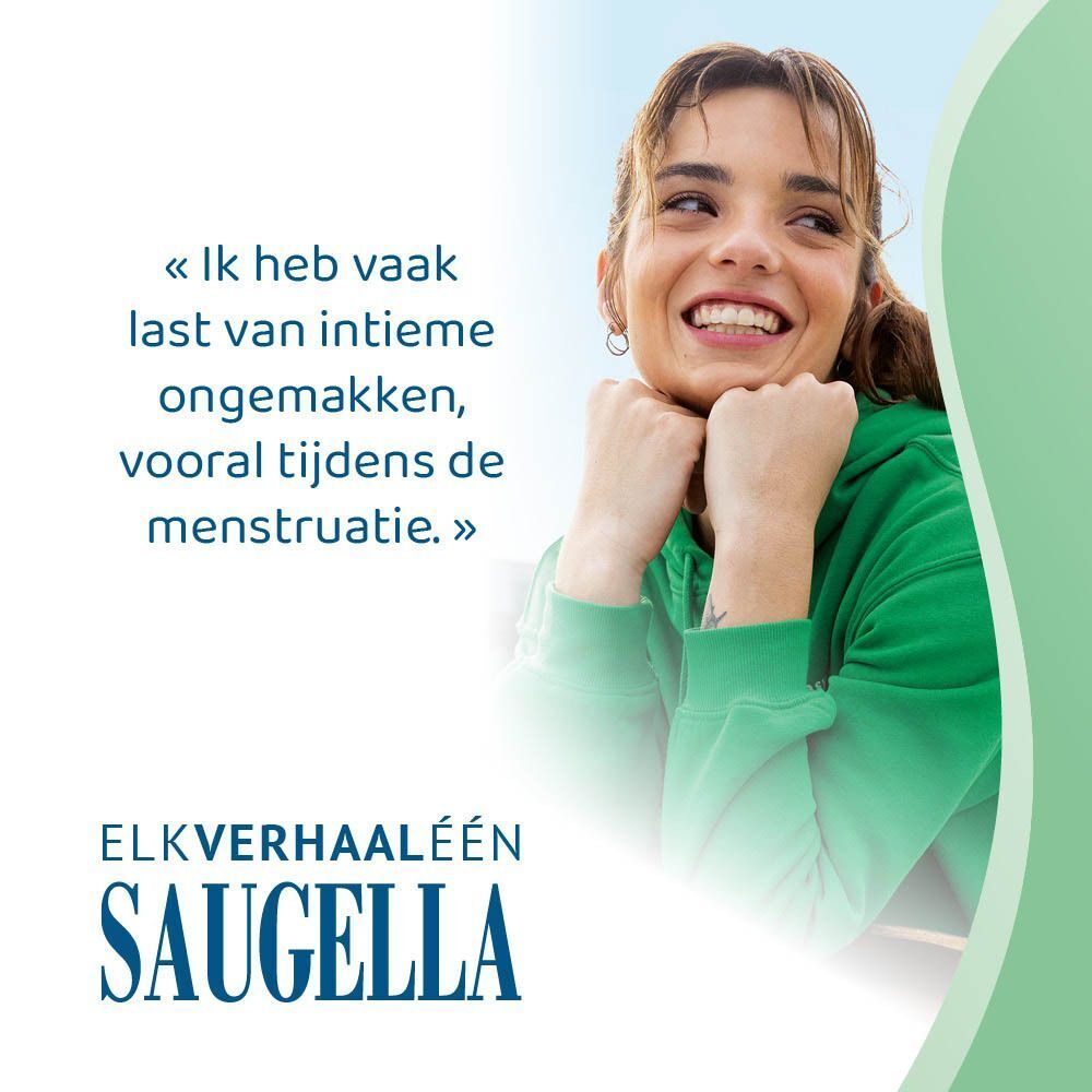 Een lachende vrouw. Tekst: « Ik heb vaak last van intieme ongemakken, vooral tijdens de menstruatie. » Logo Saugella.
