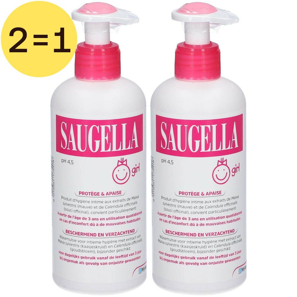 Twee flessen Saugella Girl Emulsion met roze pompkappen. Opschrift: Saugella Girl, pH 4,5, Protège & Apaise.