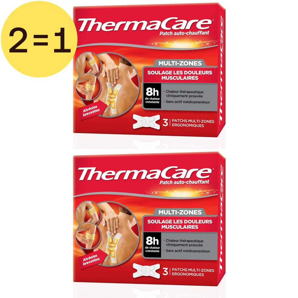 Deux boîtes rouges ThermaCare. Inscription: Multi-Zones, 8h de chaleur, 3 patchs. Visuel: dos et genou avec patchs.