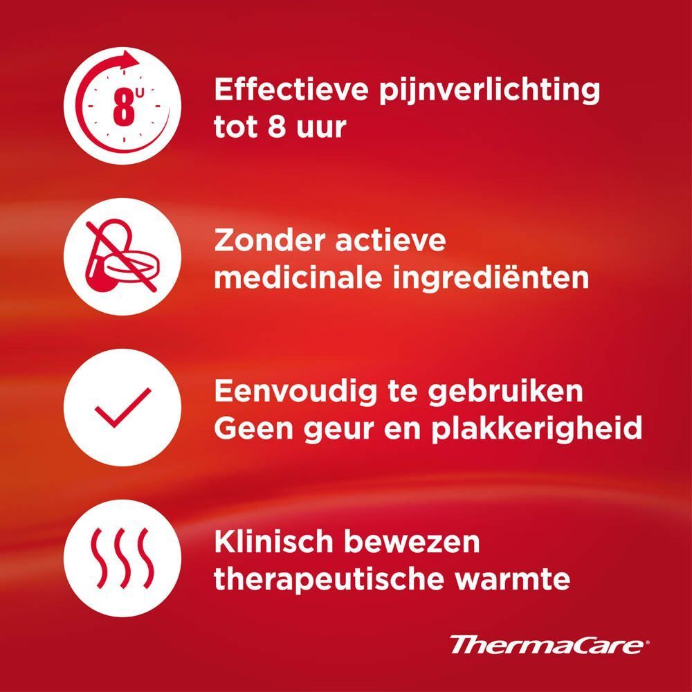 Verschillende verpakkingen ThermaCare patches op rode achtergrond. Toont verschillende productvarianten en het merk ThermaCare.