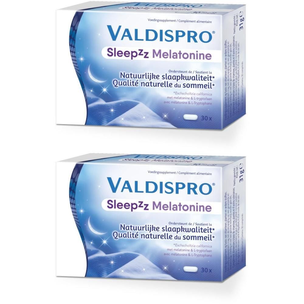 Deux boîtes de Valdispro Sleepzz Melatonine. Emballage bleu et blanc avec nom du produit et 30 comprimés.