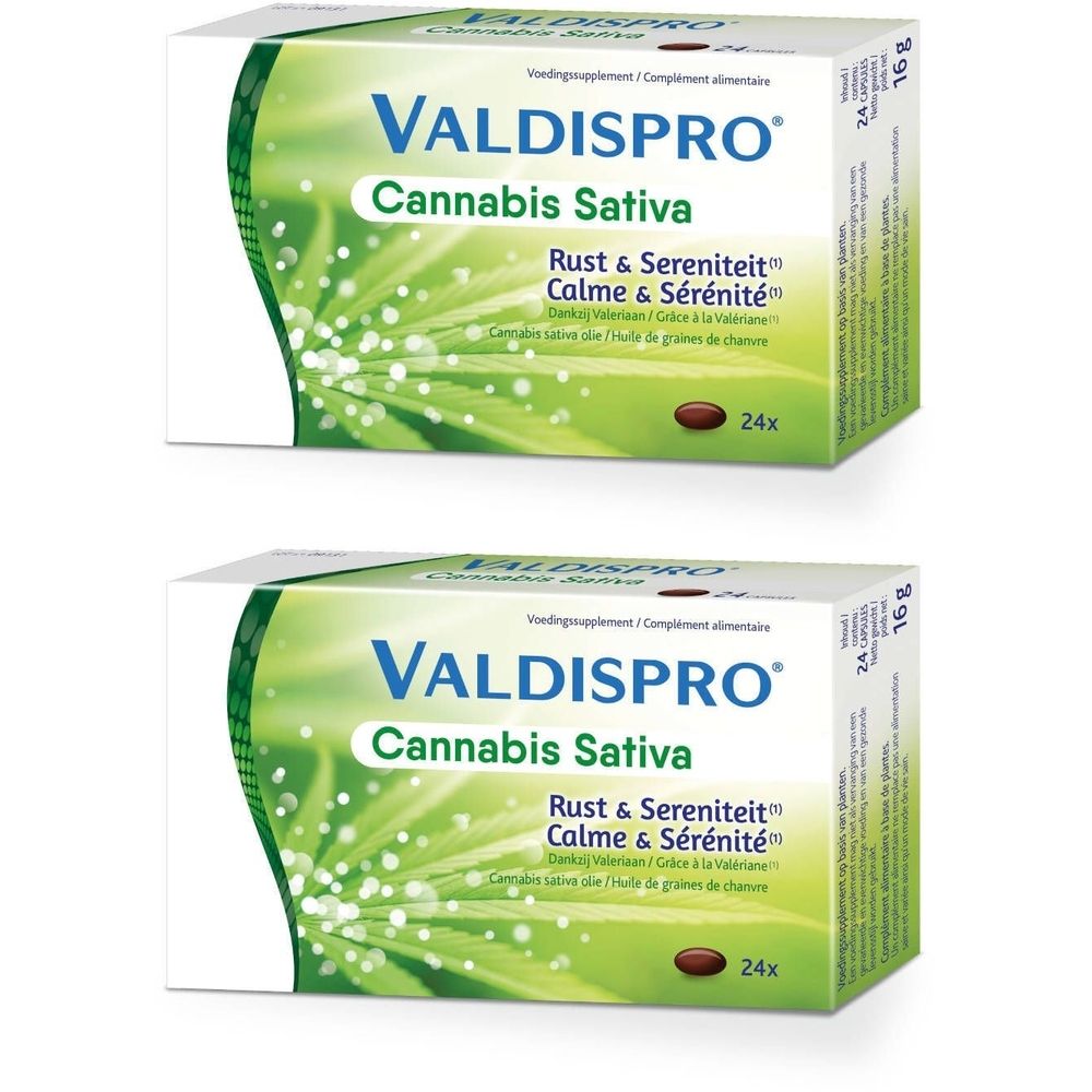 Deux boîtes VALDISPRO Cannabis Sativa. Inscriptions en néerlandais et français. Contient 24 comprimés.
