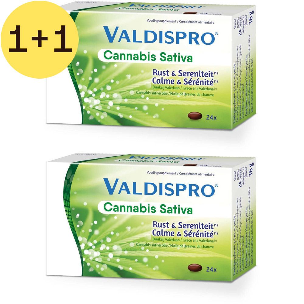 Twee dozen Valdispro Cannabis Sativa. Opschrift 1+1 GRATIS. Groen-witte verpakking met productinformatie.