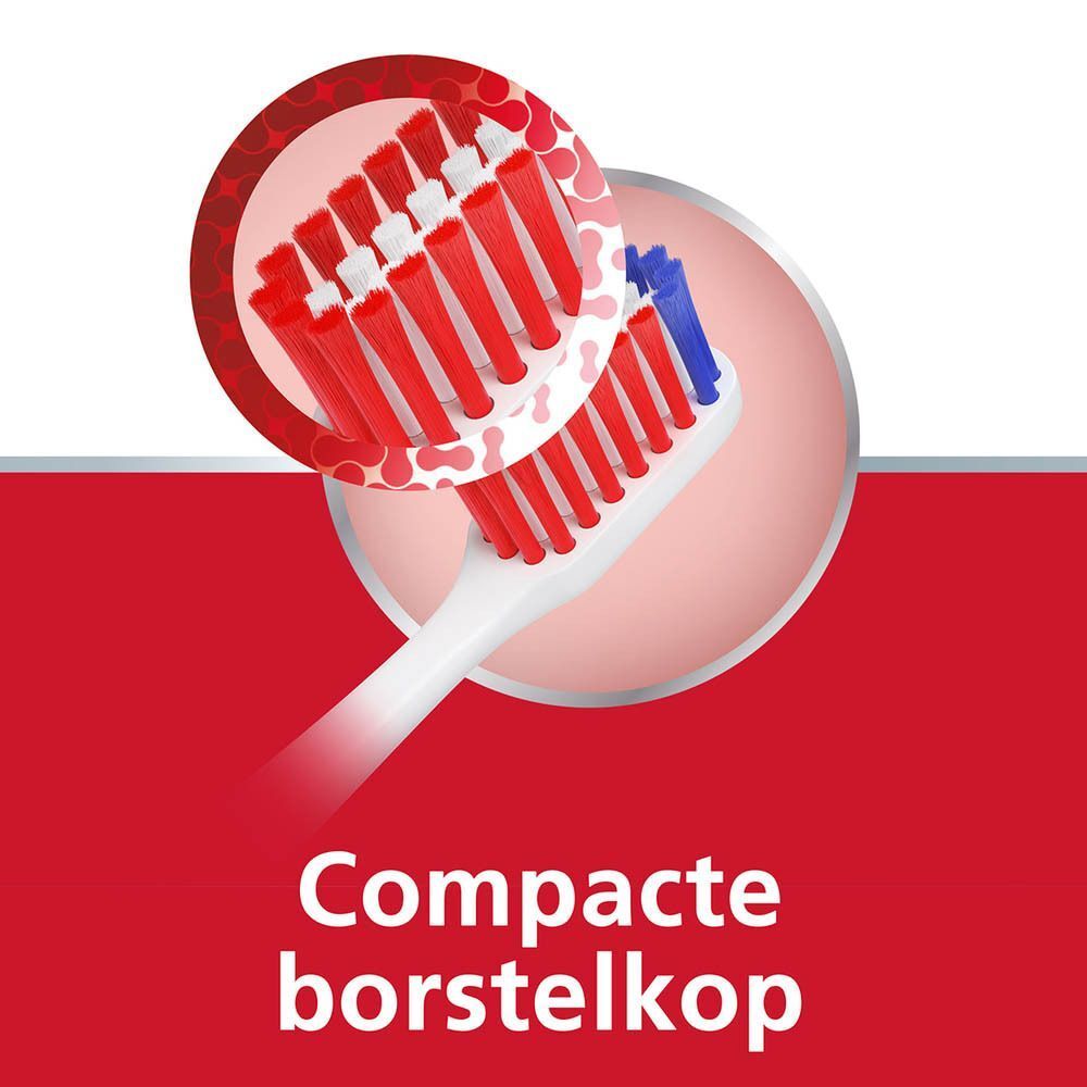 Close-up van de borstelkop. Rode en blauwe borstelharen. Tekst: Compacte borstelkop.