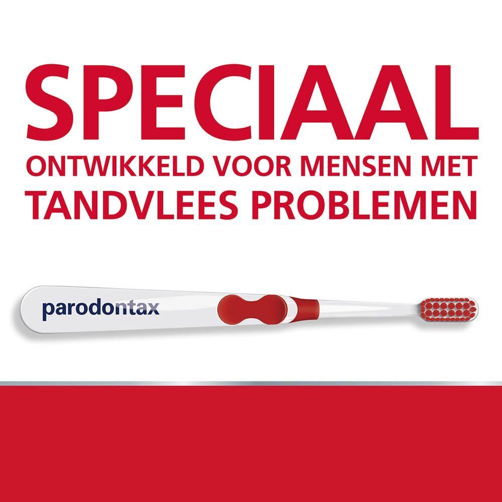 Tandenborstel met rode handgreep. Merk: parodontax. Tekst: Speciaal ontwikkeld voor mensen met tandvlees problemen.