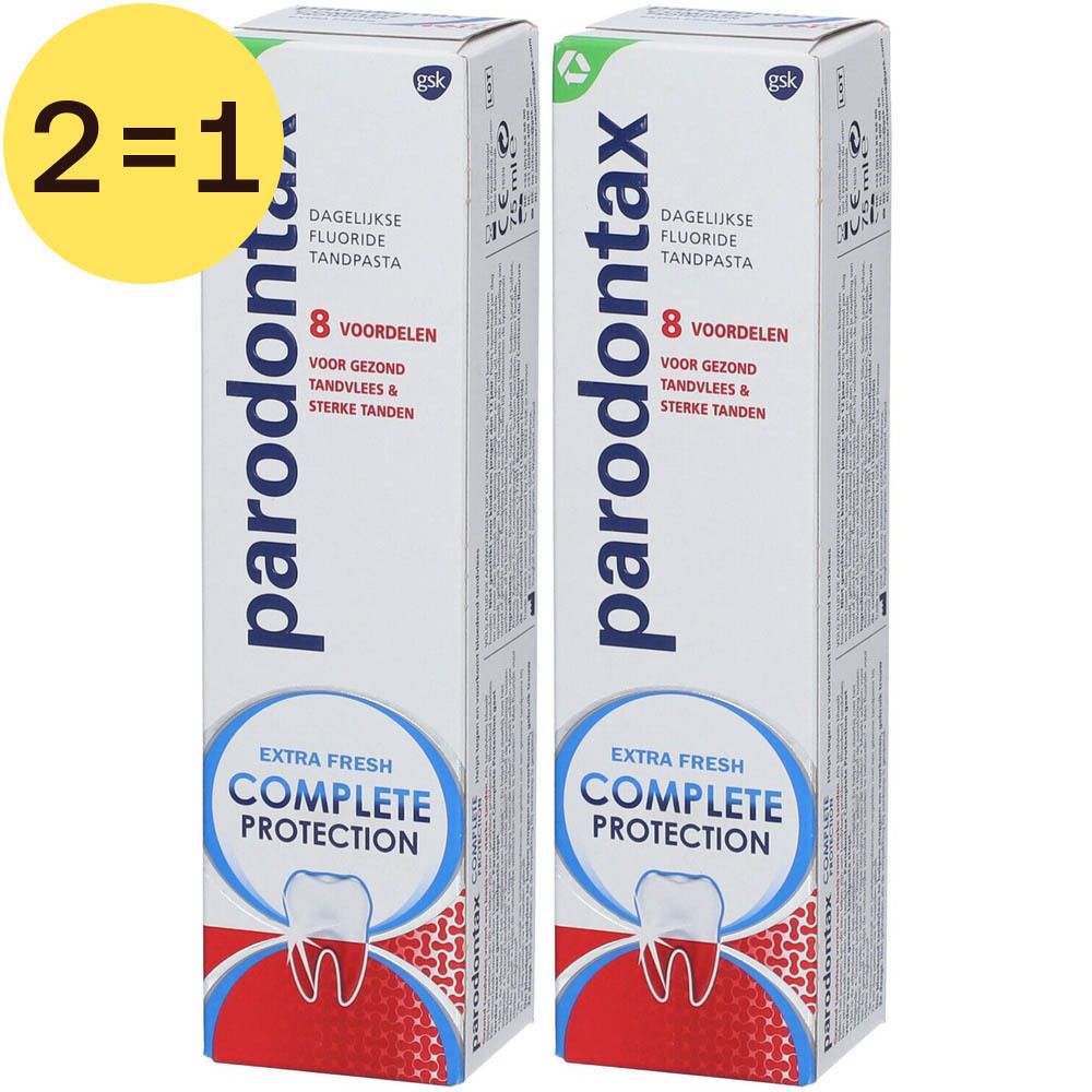 Deux boîtes de dentifrice Parodontax Complete Protection Extra Fresh. Promotion 2 pour 1.